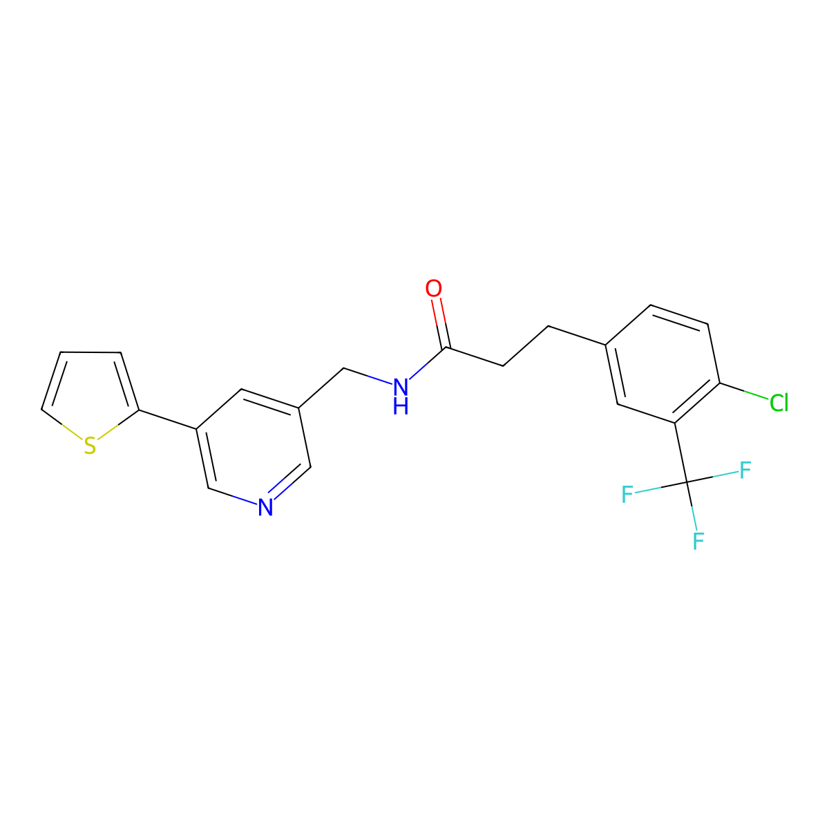 3-(4-chloro-3-(trifluoromethyl)phenyl)-N-((5-(thiophen-2-yl)pyridin-3-yl)methyl)propanamide molecular structure, CAS 2034252-01-0
