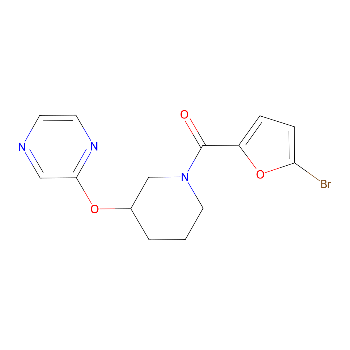 (5-Bromofuran-2-yl)(3-(pyrazin-2-yloxy)piperidin-1-yl)methanone molecular structure, CAS 2034252-02-1