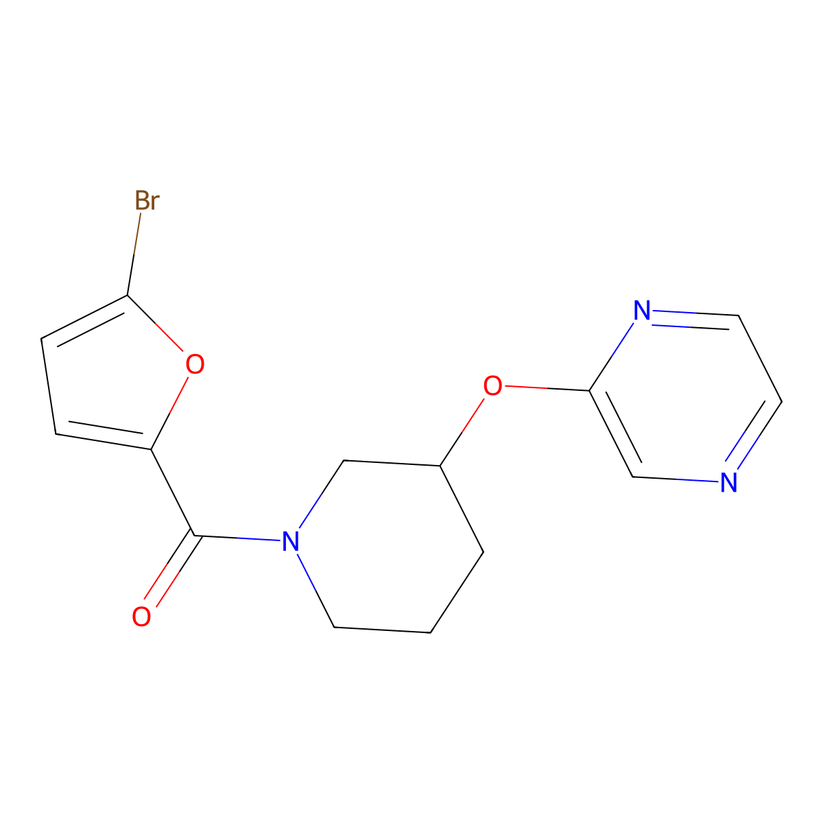 (5-Bromofuran-2-yl)(3-(pyrazin-2-yloxy)piperidin-1-yl)methanone molecular structure, CAS 2034252-02-1
