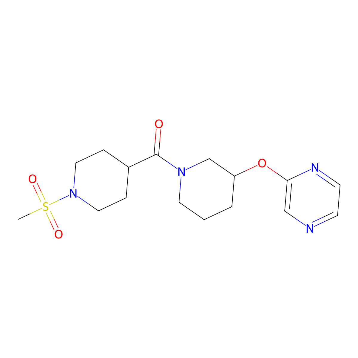 (1-(Methylsulfonyl)piperidin-4-yl)(3-(pyrazin-2-yloxy)piperidin-1-yl)methanone molecular structure, CAS 2034252-06-5