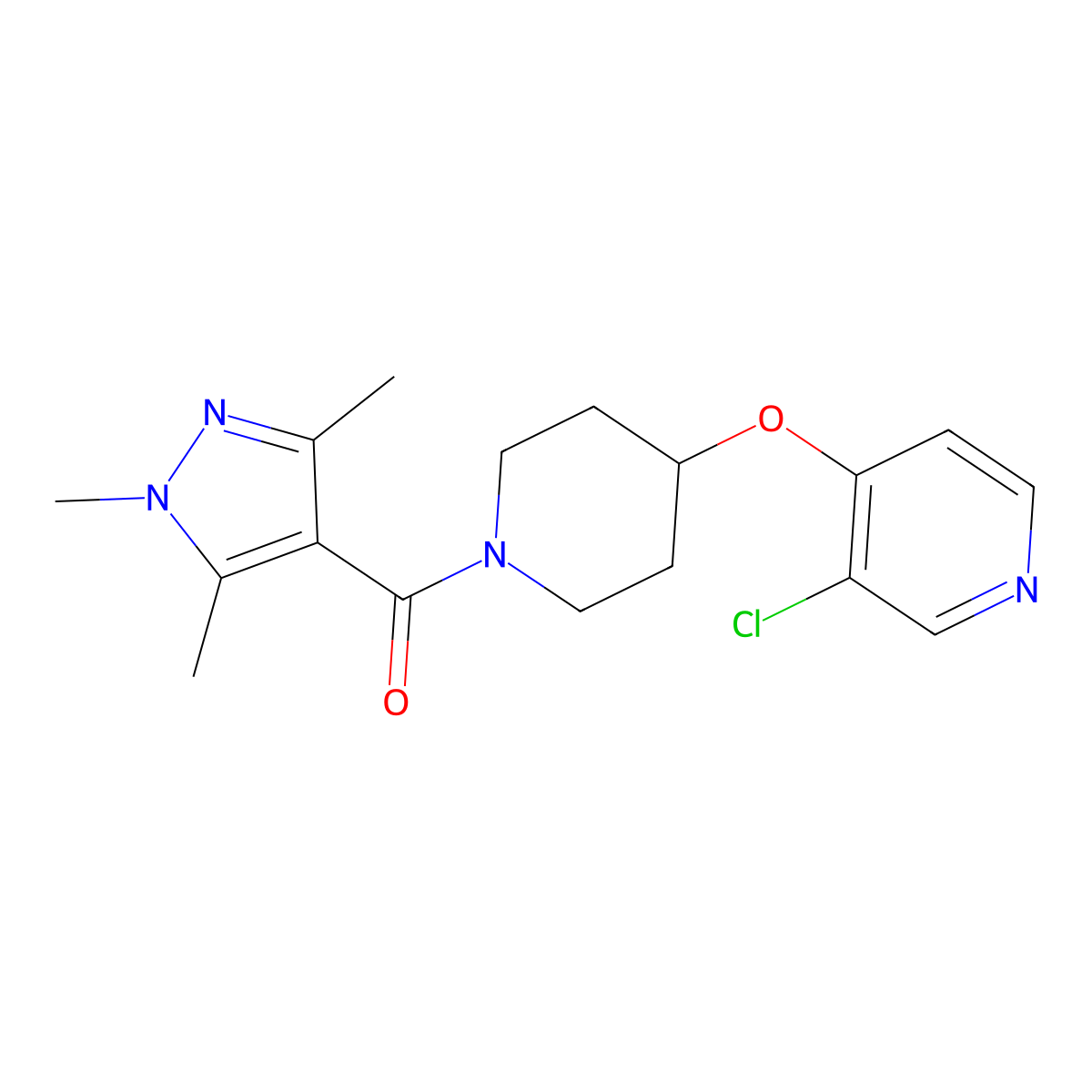 (4-((3-chloropyridin-4-yl)oxy)piperidin-1-yl)(1,3,5-trimethyl-1H-pyrazol-4-yl)methanone molecular structure, CAS 2034252-09-8