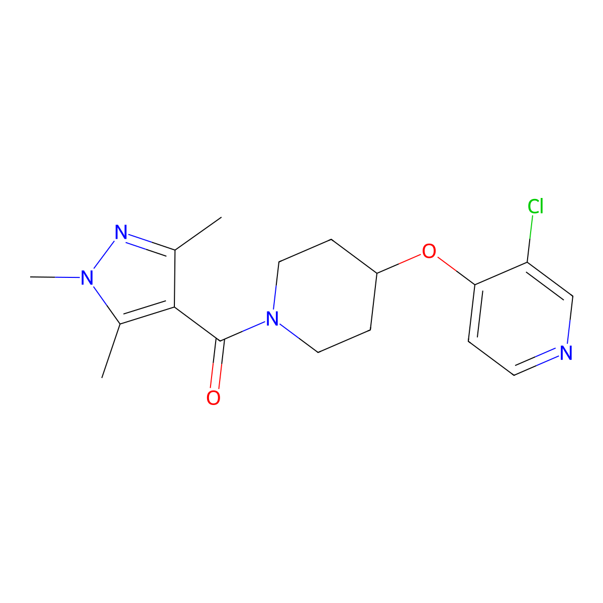 (4-((3-chloropyridin-4-yl)oxy)piperidin-1-yl)(1,3,5-trimethyl-1H-pyrazol-4-yl)methanone molecular structure, CAS 2034252-09-8