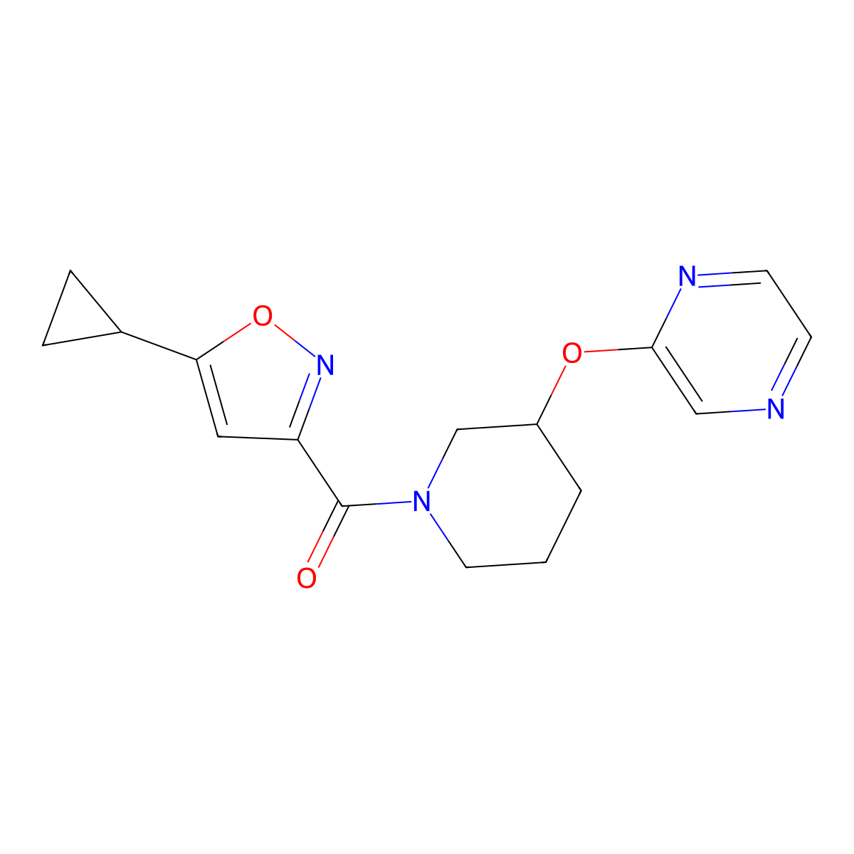 (5-Cyclopropylisoxazol-3-yl)(3-(pyrazin-2-yloxy)piperidin-1-yl)methanone molecular structure, CAS 2034252-14-5