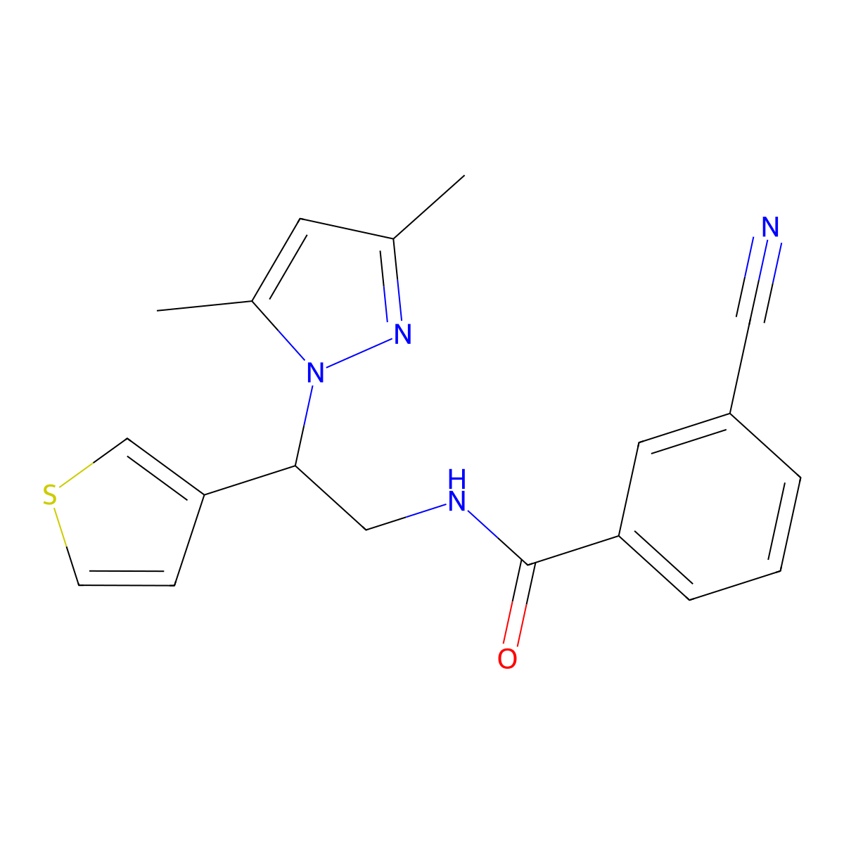 3-cyano-N-(2-(3,5-dimethyl-1H-pyrazol-1-yl)-2-(thiophen-3-yl)ethyl)benzamide molecular structure, CAS 2034252-21-4