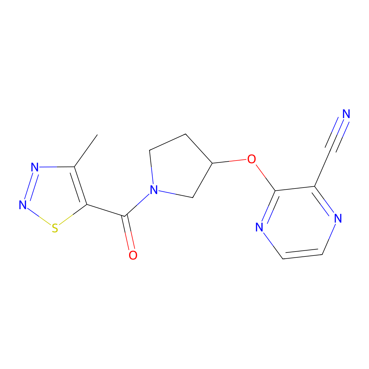 3-{[1-(4-Methyl-1,2,3-thiadiazole-5-carbonyl)pyrrolidin-3-yl]oxy}pyrazine-2-carbonitrile molecular structure, CAS 2034252-22-5