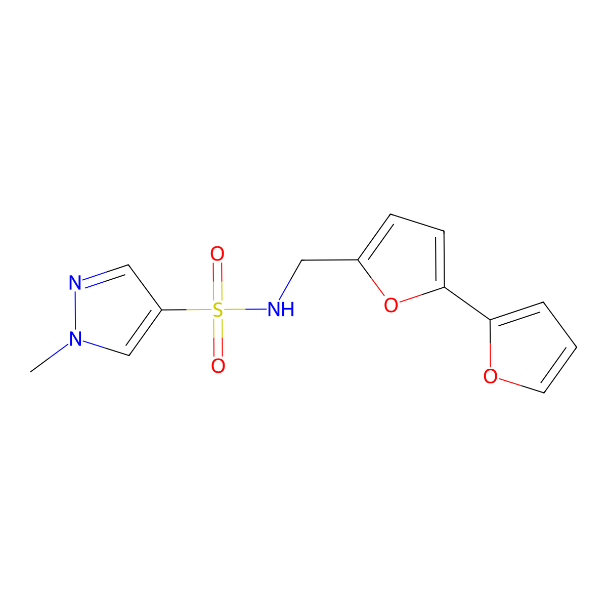 N-([2,2'-bifuran]-5-ylmethyl)-1-methyl-1H-pyrazole-4-sulfonamide molecular structure, CAS 2034252-25-8