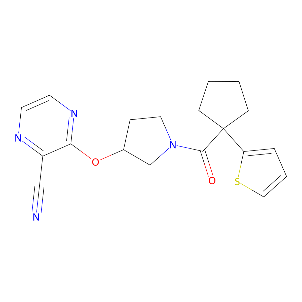 3-((1-(1-(Thiophen-2-yl)cyclopentanecarbonyl)pyrrolidin-3-yl)oxy)pyrazine-2-carbonitrile molecular structure, CAS 2034252-30-5