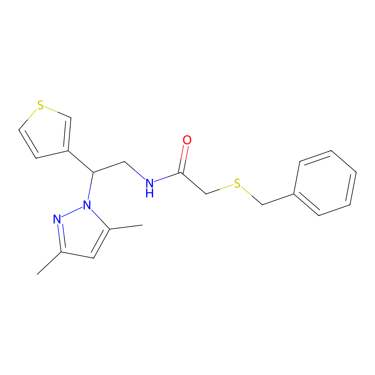 2-(benzylthio)-N-(2-(3,5-dimethyl-1H-pyrazol-1-yl)-2-(thiophen-3-yl)ethyl)acetamide molecular structure, CAS 2034252-35-0