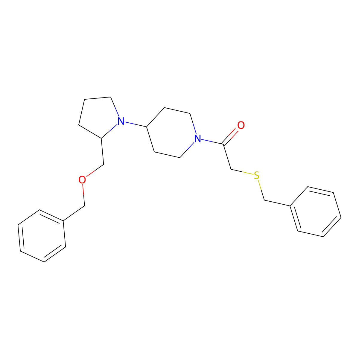 1-(4-(2-((Benzyloxy)methyl)pyrrolidin-1-yl)piperidin-1-yl)-2-(benzylthio)ethanone molecular structure, CAS 2034252-38-3