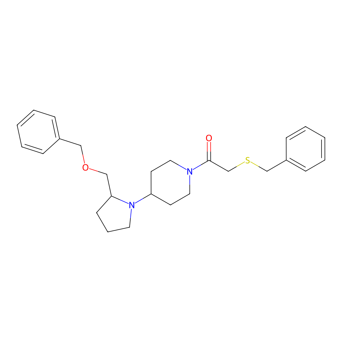 1-(4-(2-((Benzyloxy)methyl)pyrrolidin-1-yl)piperidin-1-yl)-2-(benzylthio)ethanone molecular structure, CAS 2034252-38-3