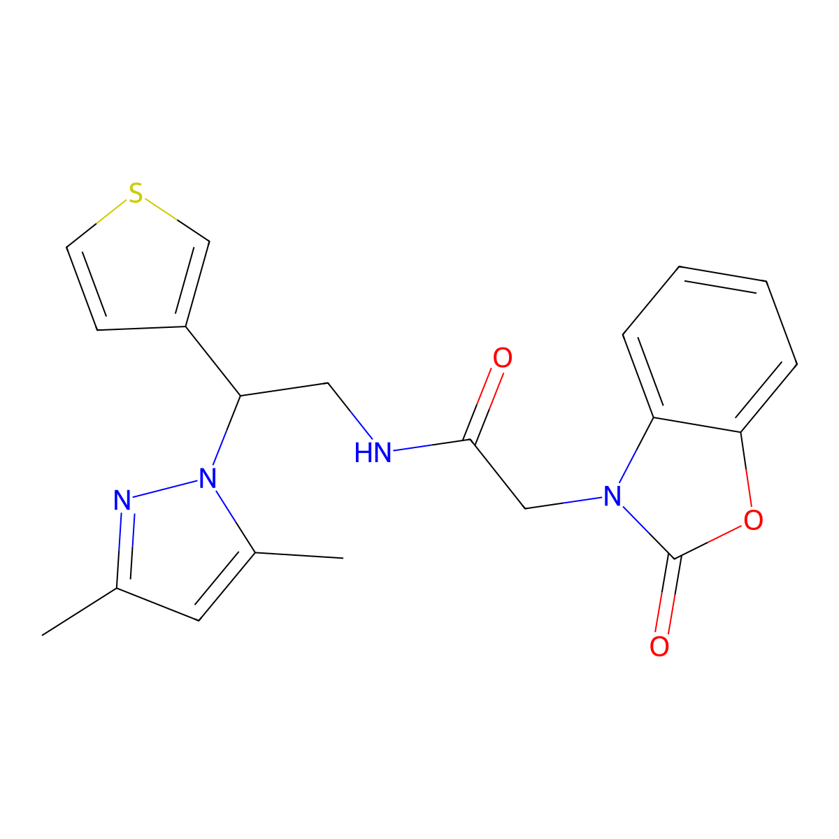 N-(2-(3,5-dimethyl-1H-pyrazol-1-yl)-2-(thiophen-3-yl)ethyl)-2-(2-oxobenzo[d]oxazol-3(2H)-yl)acetamide molecular structure, CAS 2034252-43-0