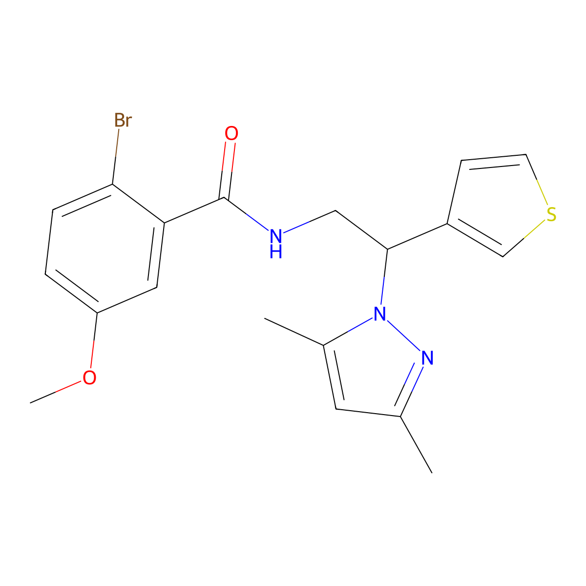 2-bromo-N-(2-(3,5-dimethyl-1H-pyrazol-1-yl)-2-(thiophen-3-yl)ethyl)-5-methoxybenzamide molecular structure, CAS 2034252-49-6