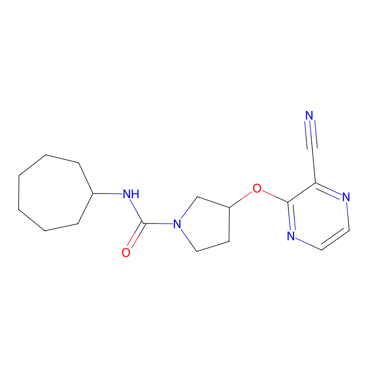 3-[(3-cyanopyrazin-2-yl)oxy]-N-cycloheptylpyrrolidine-1-carboxamide molecular structure, CAS 2034252-50-9