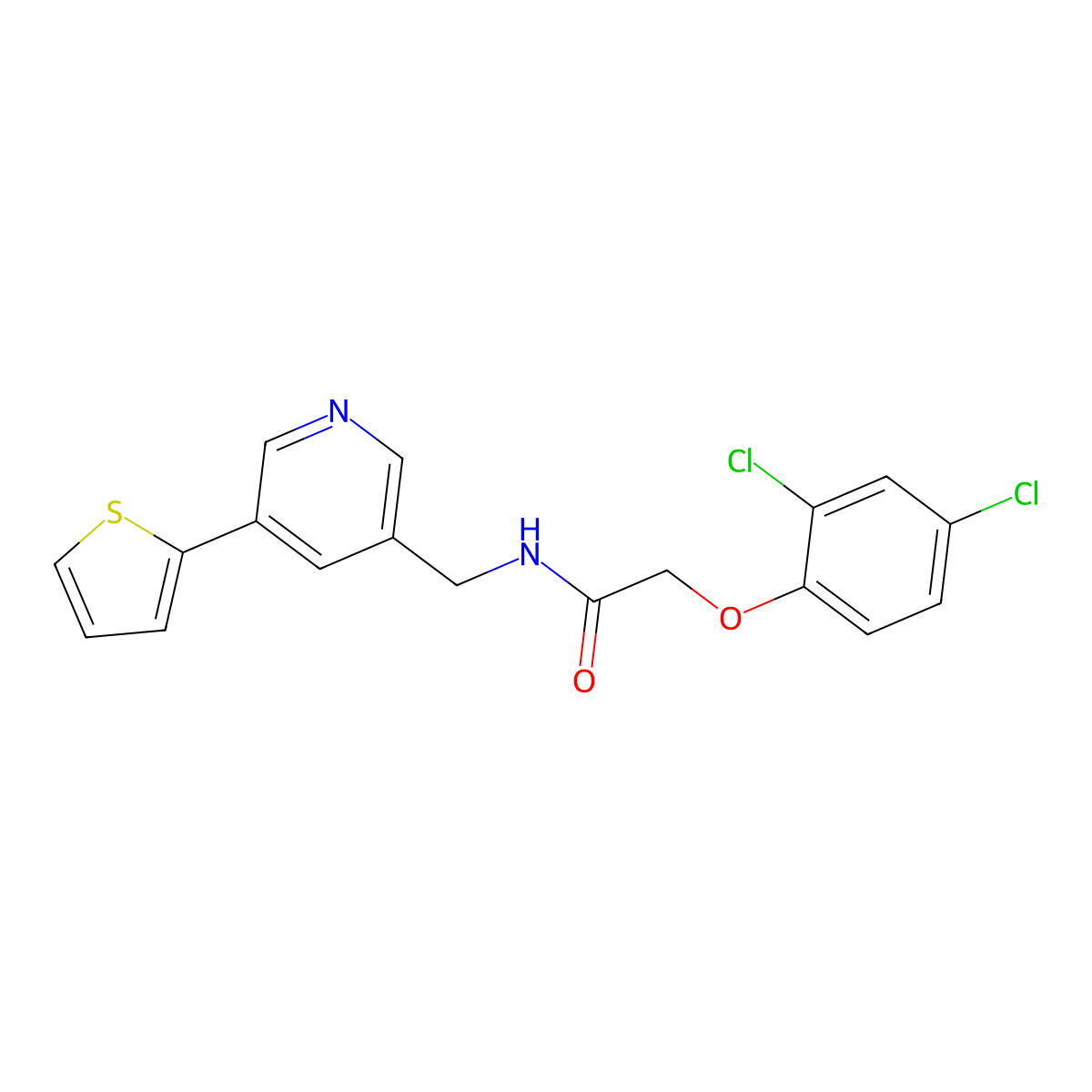 2-(2,4-dichlorophenoxy)-N-{[5-(thiophen-2-yl)pyridin-3-yl]methyl}acetamide molecular structure, CAS 2034252-63-4
