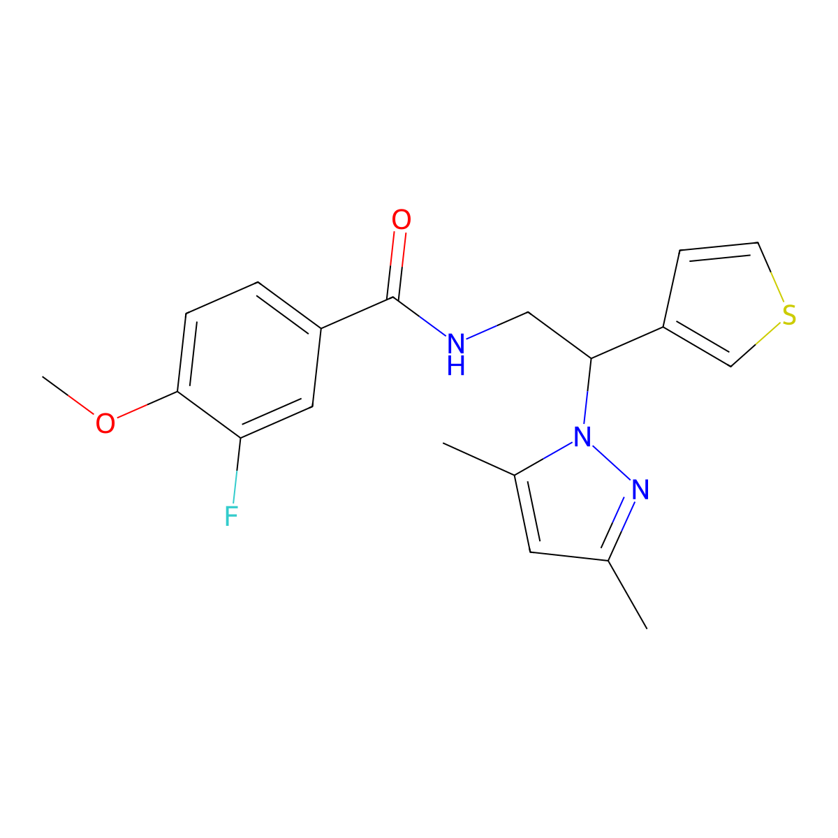 N-[2-(3,5-dimethyl-1H-pyrazol-1-yl)-2-(thiophen-3-yl)ethyl]-3-fluoro-4-methoxybenzamide molecular structure, CAS 2034252-64-5
