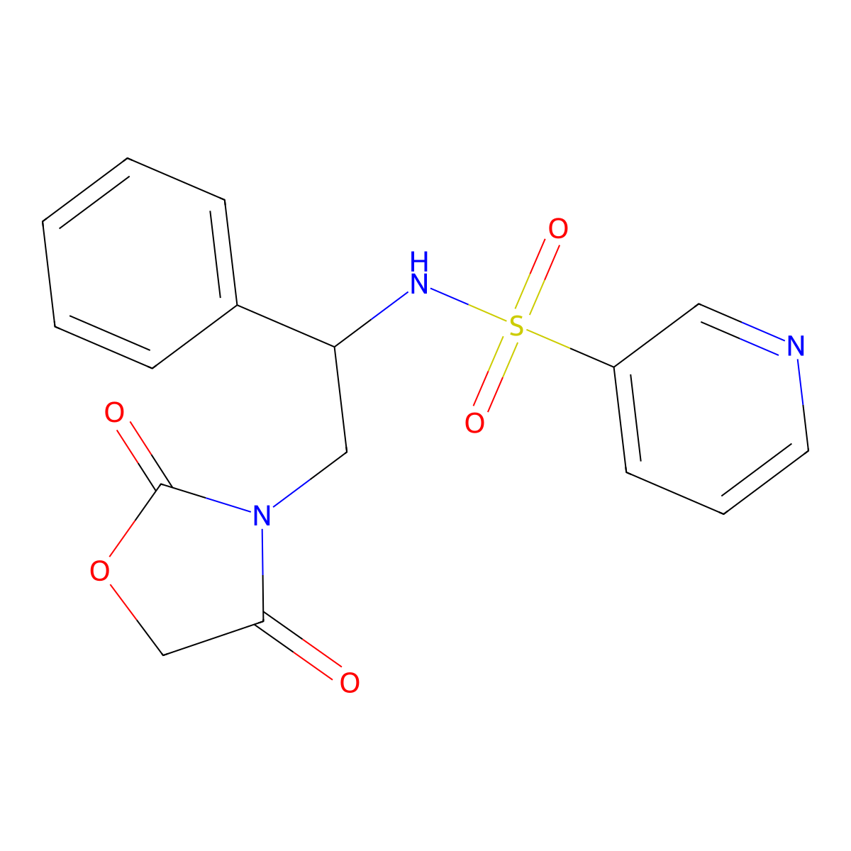 N-(2-(2,4-dioxooxazolidin-3-yl)-1-phenylethyl)pyridine-3-sulfonamide molecular structure, CAS 2034252-66-7