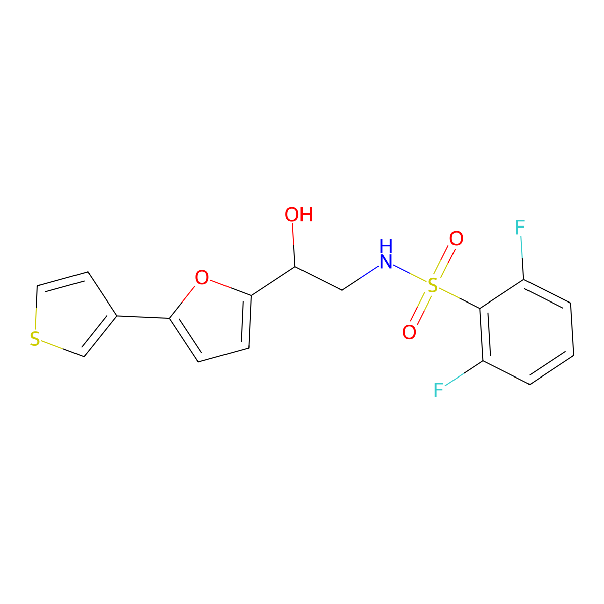 2,6-difluoro-N-(2-hydroxy-2-(5-(thiophen-3-yl)furan-2-yl)ethyl)benzenesulfonamide molecular structure, CAS 2034252-73-6