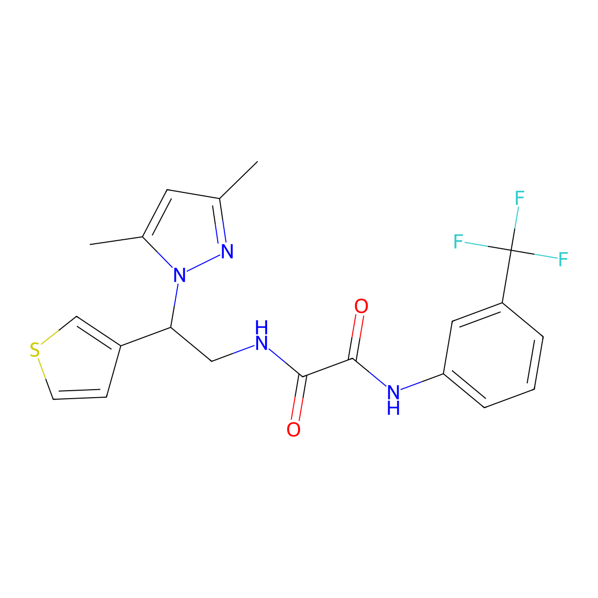 N1-(2-(3,5-dimethyl-1H-pyrazol-1-yl)-2-(thiophen-3-yl)ethyl)-N2-(3-(trifluoromethyl)phenyl)oxalamide molecular structure, CAS 2034252-81-6