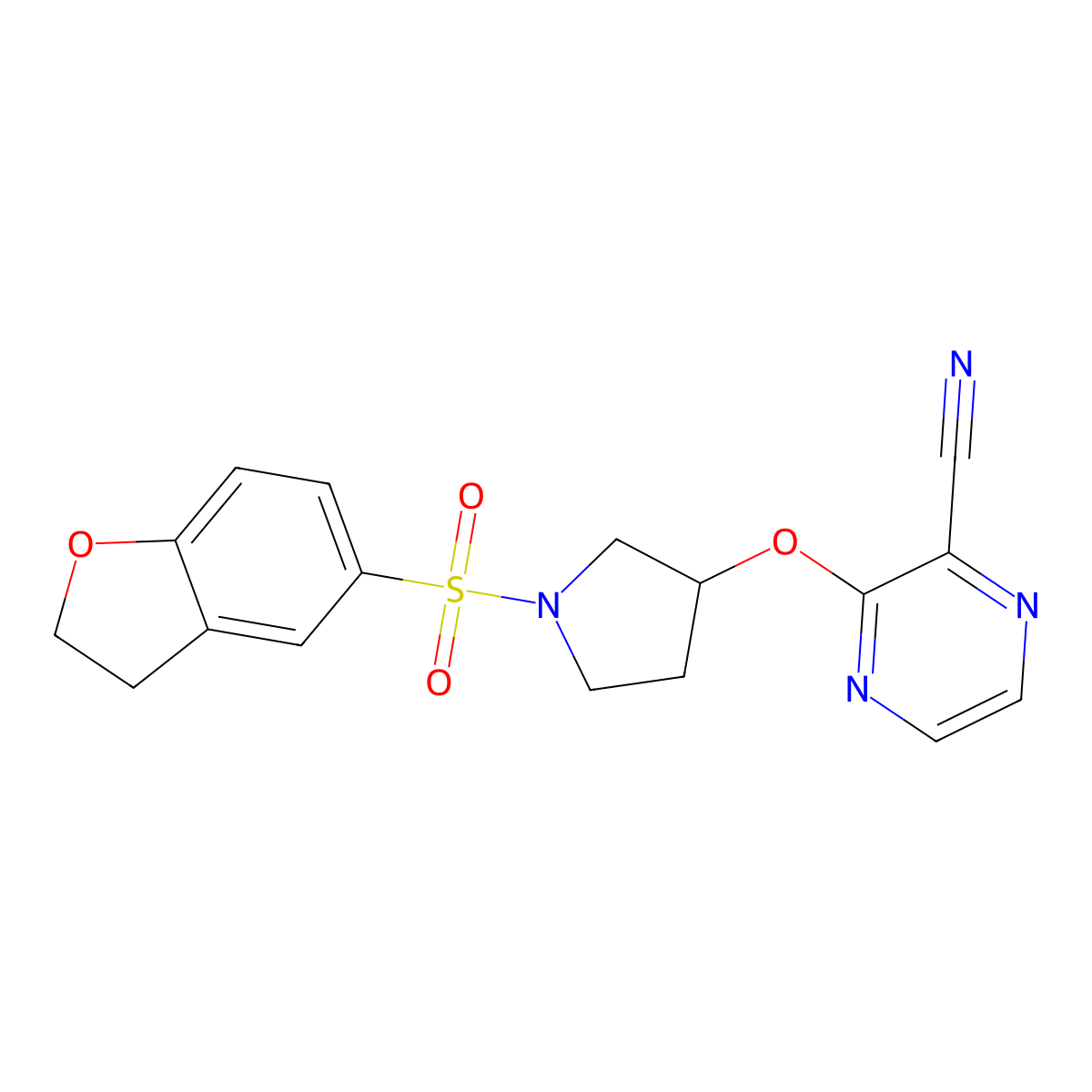 3-((1-((2,3-Dihydrobenzofuran-5-yl)sulfonyl)pyrrolidin-3-yl)oxy)pyrazine-2-carbonitrile molecular structure, CAS 2034252-84-9