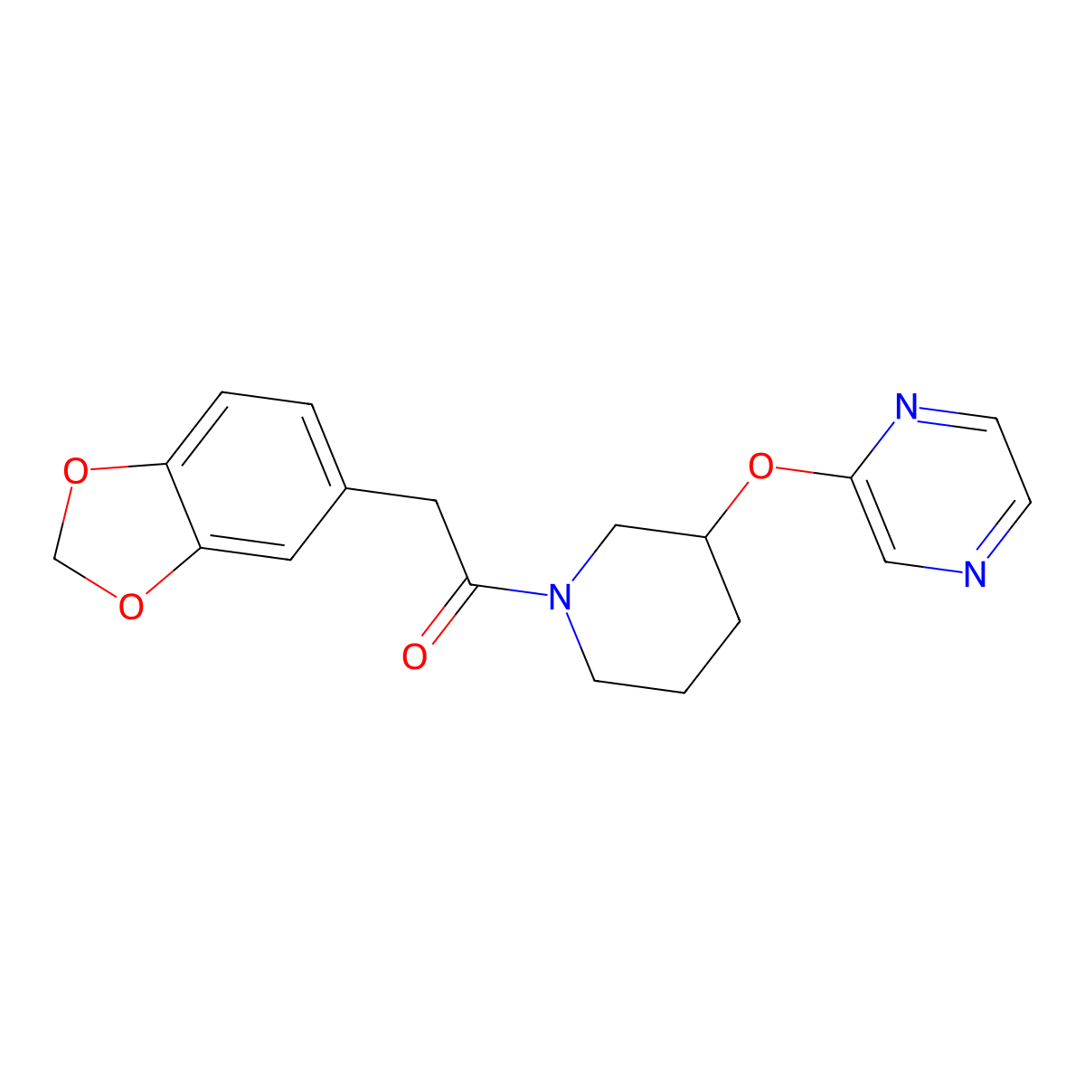 2-(Benzo[d][1,3]dioxol-5-yl)-1-(3-(pyrazin-2-yloxy)piperidin-1-yl)ethanone molecular structure, CAS 2034253-02-4