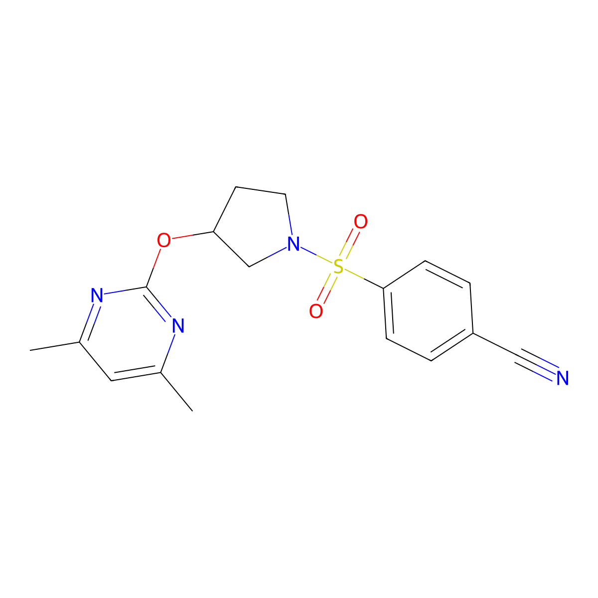4-((3-((4,6-Dimethylpyrimidin-2-yl)oxy)pyrrolidin-1-yl)sulfonyl)benzonitrile molecular structure, CAS 2034253-22-8