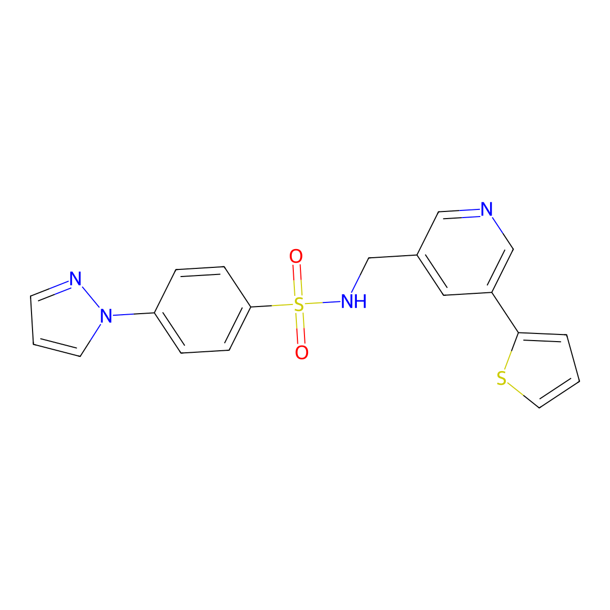 4-(1H-pyrazol-1-yl)-N-((5-(thiophen-2-yl)pyridin-3-yl)methyl)benzenesulfonamide molecular structure, CAS 2034253-34-2