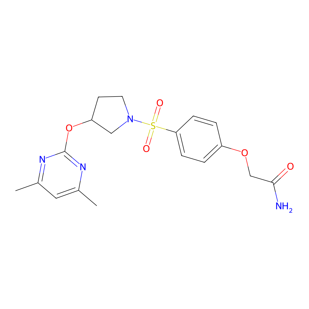 2-(4-((3-((4,6-Dimethylpyrimidin-2-yl)oxy)pyrrolidin-1-yl)sulfonyl)phenoxy)acetamide molecular structure, CAS 2034253-36-4