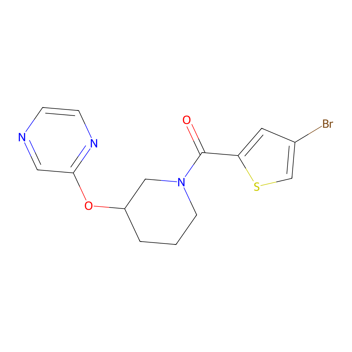 (4-Bromothiophen-2-yl)(3-(pyrazin-2-yloxy)piperidin-1-yl)methanone molecular structure, CAS 2034253-39-7