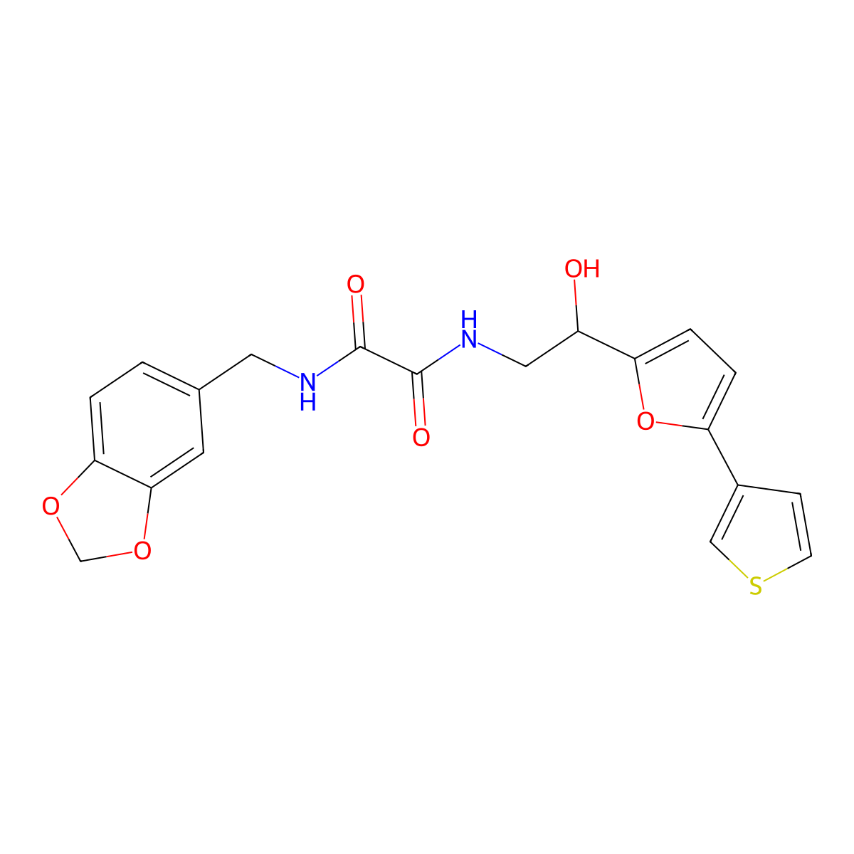 N1-(benzo[d][1,3]dioxol-5-ylmethyl)-N2-(2-hydroxy-2-(5-(thiophen-3-yl)furan-2-yl)ethyl)oxalamide molecular structure, CAS 2034253-48-8