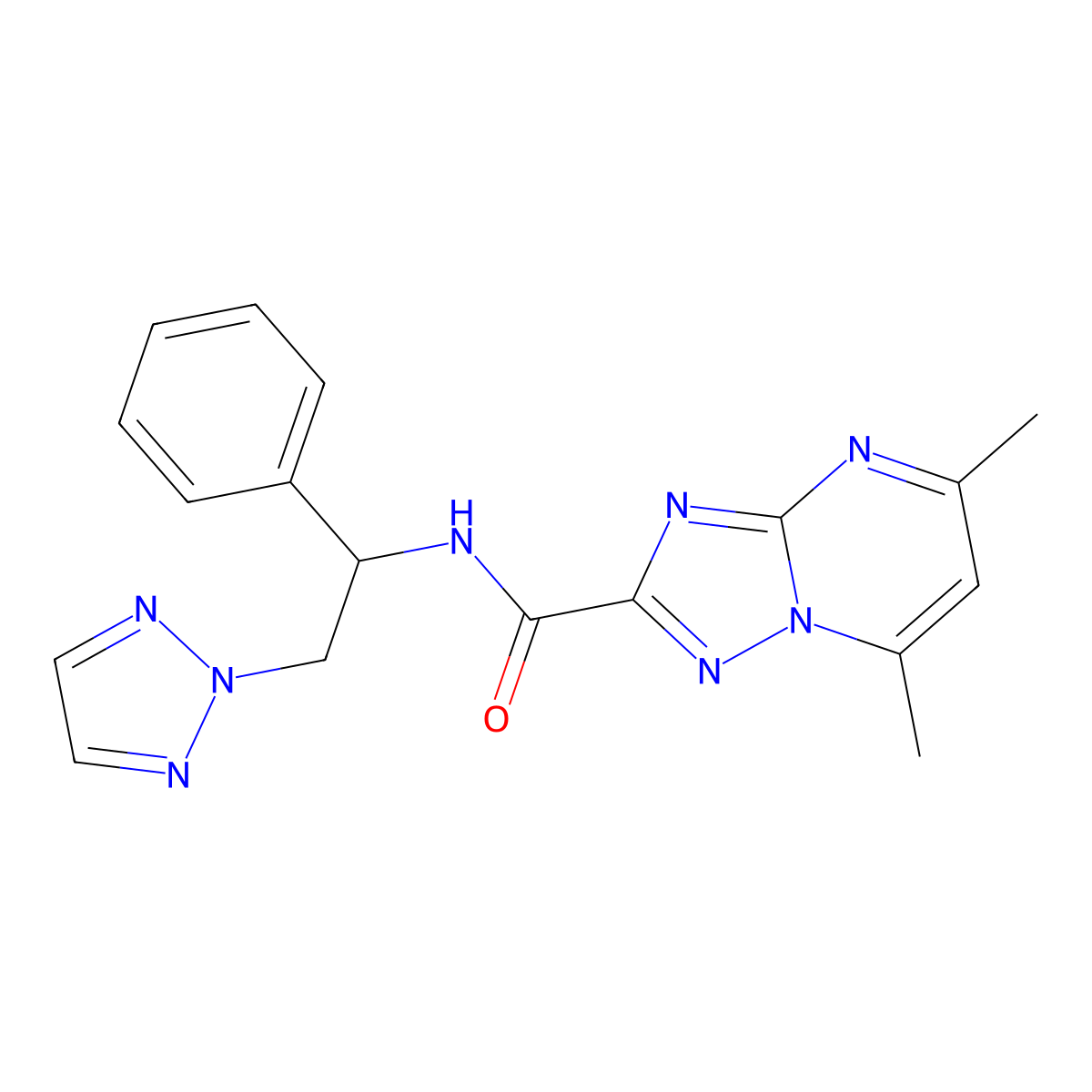 5,7-dimethyl-N-[1-phenyl-2-(2H-1,2,3-triazol-2-yl)ethyl]-[1,2,4]triazolo[1,5-a]pyrimidine-2-carboxamide molecular structure, CAS 2034253-68-2