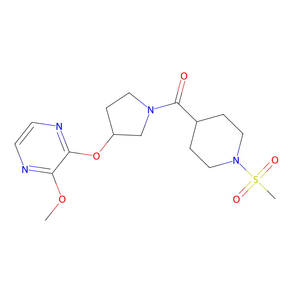 (3-((3-Methoxypyrazin-2-yl)oxy)pyrrolidin-1-yl)(1-(methylsulfonyl)piperidin-4-yl)methanone molecular structure, CAS 2034253-90-0