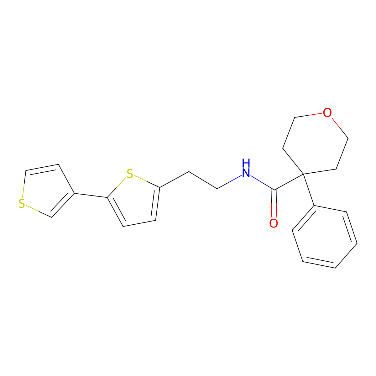 N-(2-{[2,3'-bithiophene]-5-yl}ethyl)-4-phenyloxane-4-carboxamide molecular structure, CAS 2034253-98-8