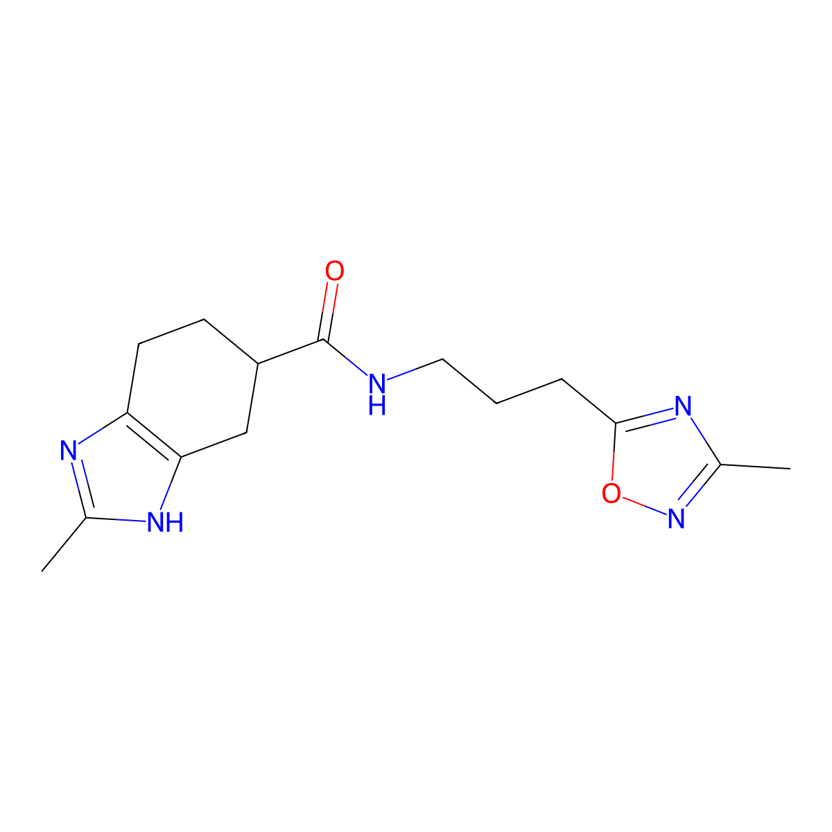 2-methyl-N-(3-(3-methyl-1,2,4-oxadiazol-5-yl)propyl)-4,5,6,7-tetrahydro-1H-benzo[d]imidazole-5-carboxamide molecular structure, CAS 2034254-11-8