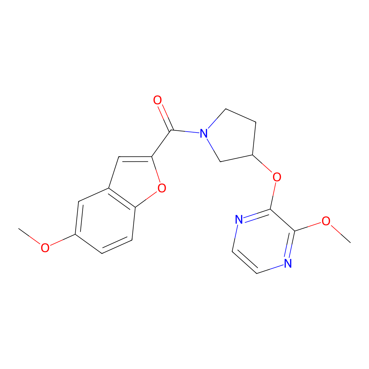 (5-Methoxybenzofuran-2-yl)(3-((3-methoxypyrazin-2-yl)oxy)pyrrolidin-1-yl)methanone molecular structure, CAS 2034254-50-5
