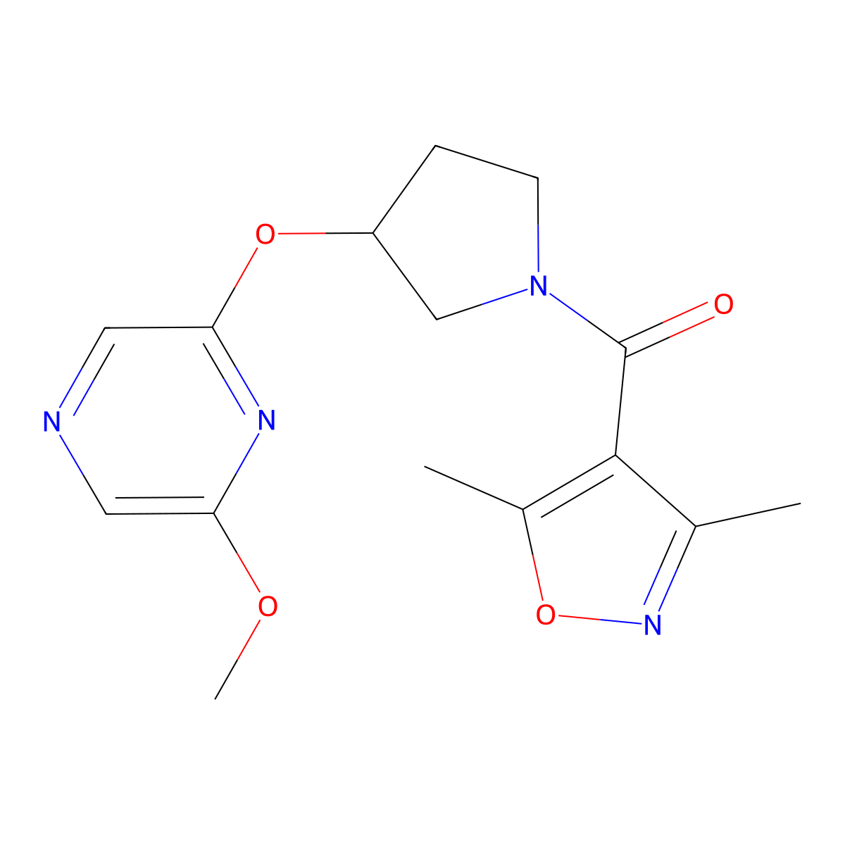 (3,5-Dimethylisoxazol-4-yl)(3-((6-methoxypyrazin-2-yl)oxy)pyrrolidin-1-yl)methanone molecular structure, CAS 2034254-80-1