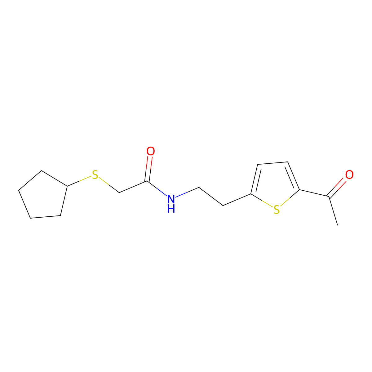 N-(2-(5-acetylthiophen-2-yl)ethyl)-2-(cyclopentylthio)acetamide molecular structure, CAS 2034255-01-9