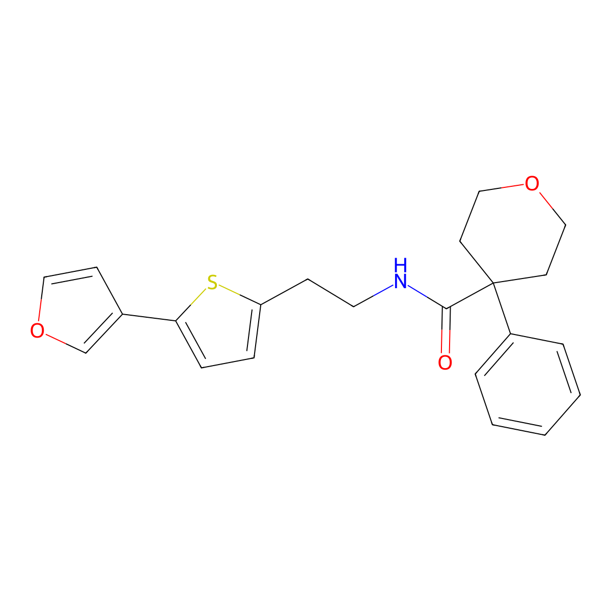 N-(2-(5-(furan-3-yl)thiophen-2-yl)ethyl)-4-phenyltetrahydro-2H-pyran-4-carboxamide molecular structure, CAS 2034255-32-6