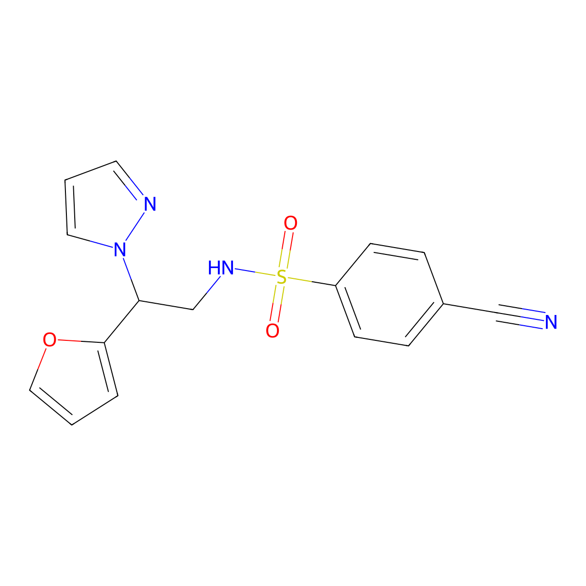 4-cyano-N-(2-(furan-2-yl)-2-(1H-pyrazol-1-yl)ethyl)benzenesulfonamide molecular structure, CAS 2034255-34-8