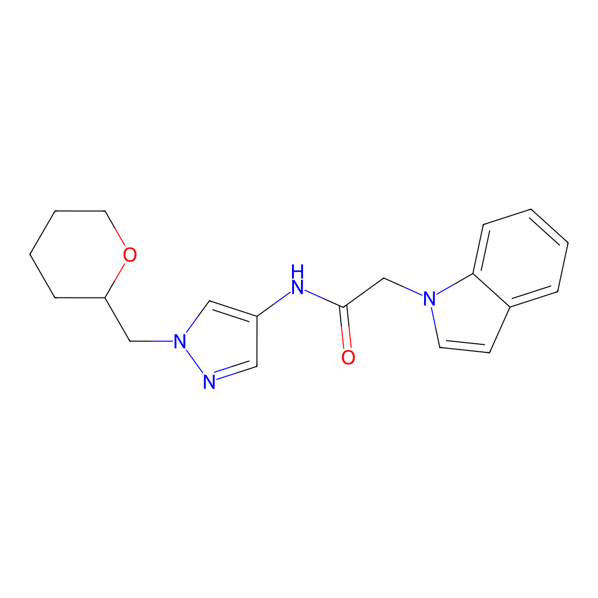 2-(1H-indol-1-yl)-N-(1-((tetrahydro-2H-pyran-2-yl)methyl)-1H-pyrazol-4-yl)acetamide molecular structure, CAS 2034256-01-2