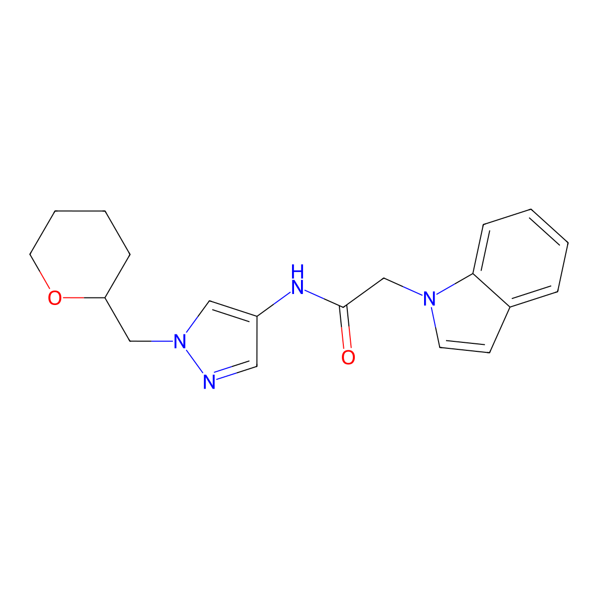 2-(1H-indol-1-yl)-N-(1-((tetrahydro-2H-pyran-2-yl)methyl)-1H-pyrazol-4-yl)acetamide molecular structure, CAS 2034256-01-2
