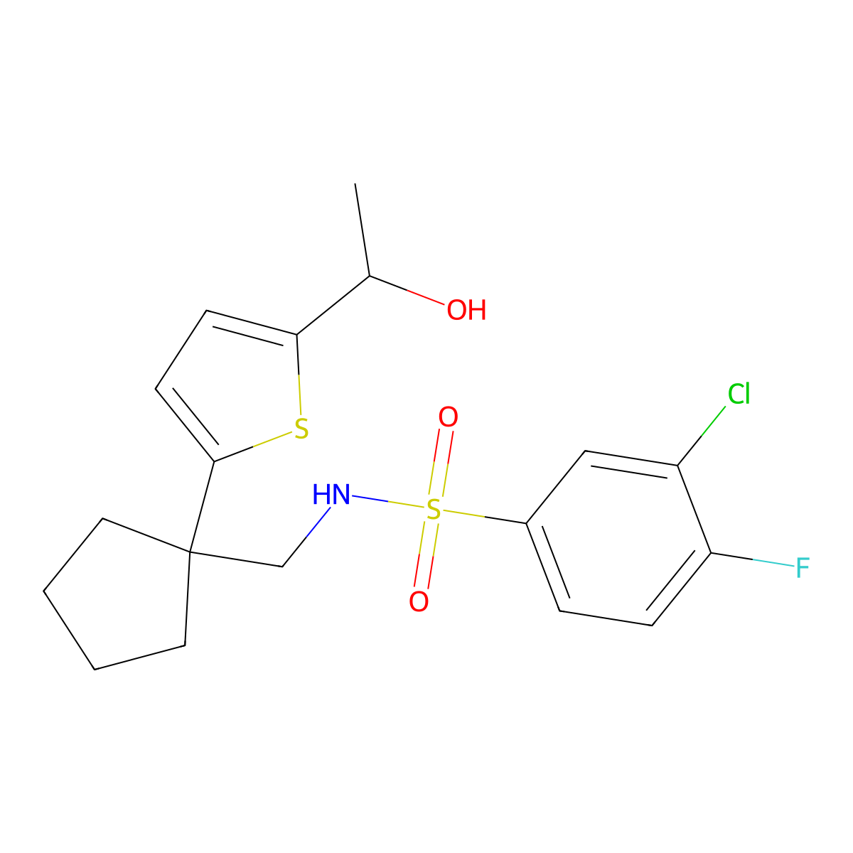 3-chloro-4-fluoro-N-((1-(5-(1-hydroxyethyl)thiophen-2-yl)cyclopentyl)methyl)benzenesulfonamide molecular structure, CAS 2034256-03-4