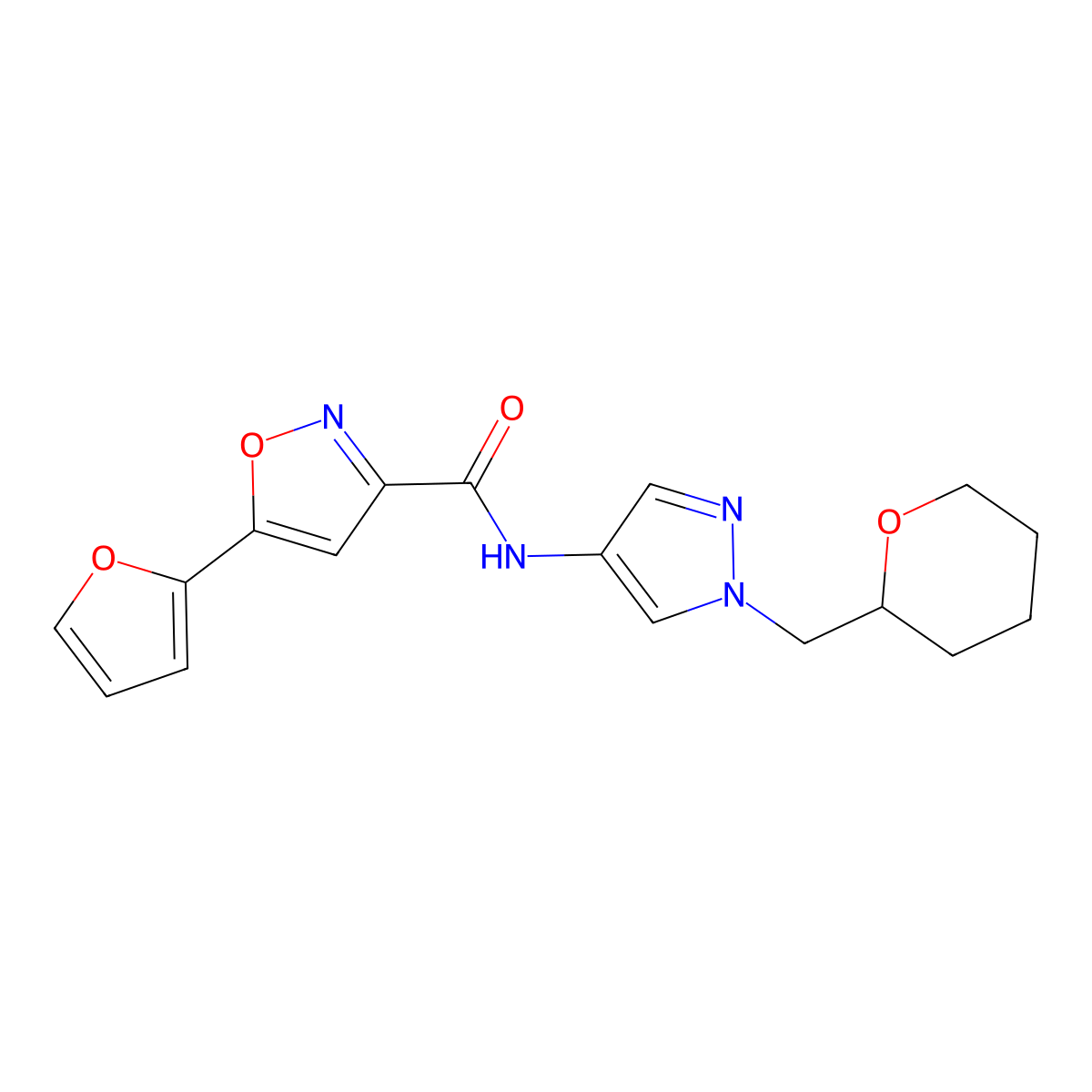 5-(furan-2-yl)-N-(1-((tetrahydro-2H-pyran-2-yl)methyl)-1H-pyrazol-4-yl)isoxazole-3-carboxamide molecular structure, CAS 2034256-06-7