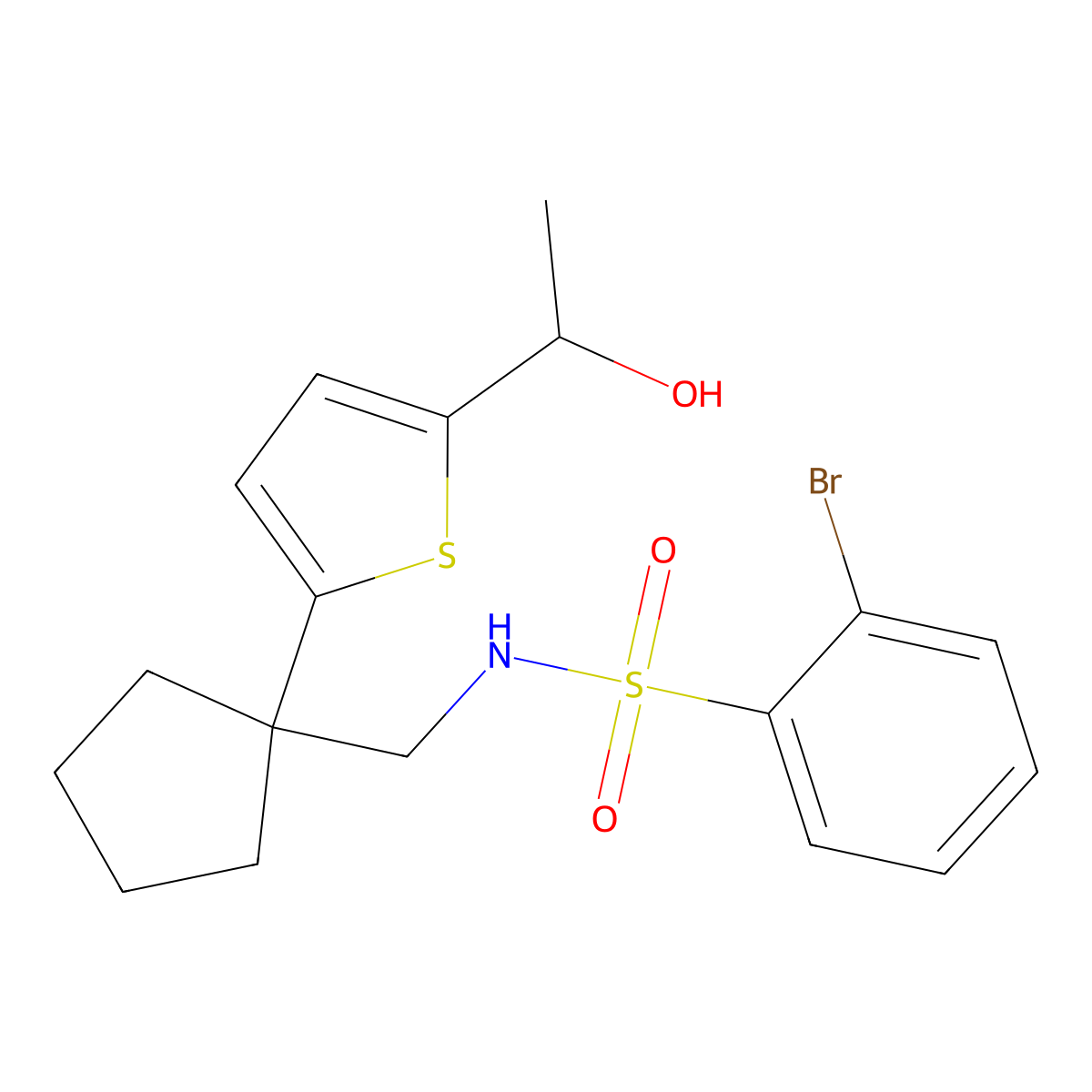 2-bromo-N-((1-(5-(1-hydroxyethyl)thiophen-2-yl)cyclopentyl)methyl)benzenesulfonamide molecular structure, CAS 2034256-07-8