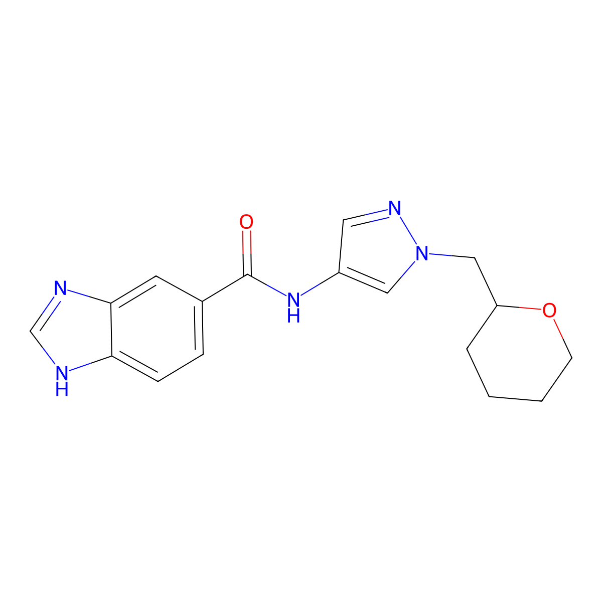 N-(1-((tetrahydro-2H-pyran-2-yl)methyl)-1H-pyrazol-4-yl)-1H-benzo[d]imidazole-5-carboxamide molecular structure, CAS 2034256-09-0