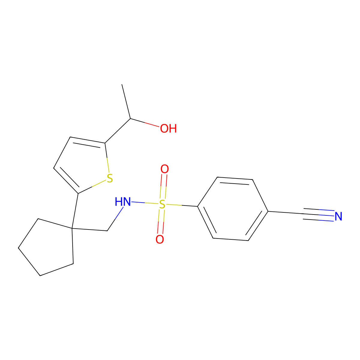 4-cyano-N-((1-(5-(1-hydroxyethyl)thiophen-2-yl)cyclopentyl)methyl)benzenesulfonamide molecular structure, CAS 2034256-13-6