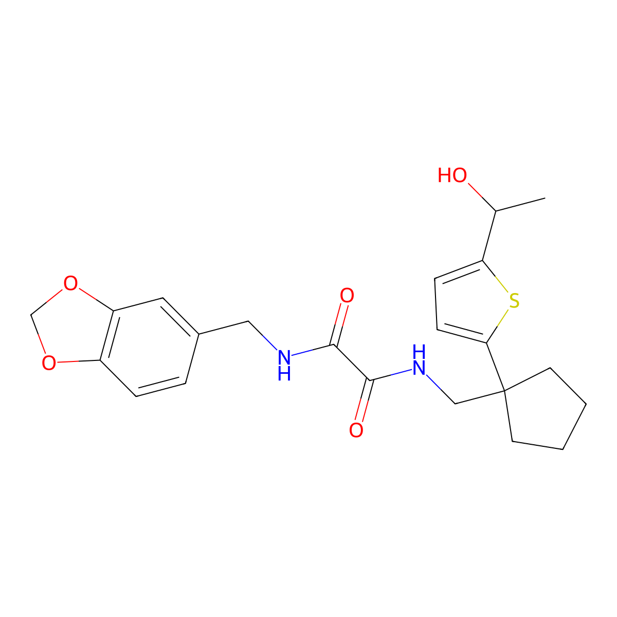 N1-(benzo[d][1,3]dioxol-5-ylmethyl)-N2-((1-(5-(1-hydroxyethyl)thiophen-2-yl)cyclopentyl)methyl)oxalamide molecular structure, CAS 2034256-25-0