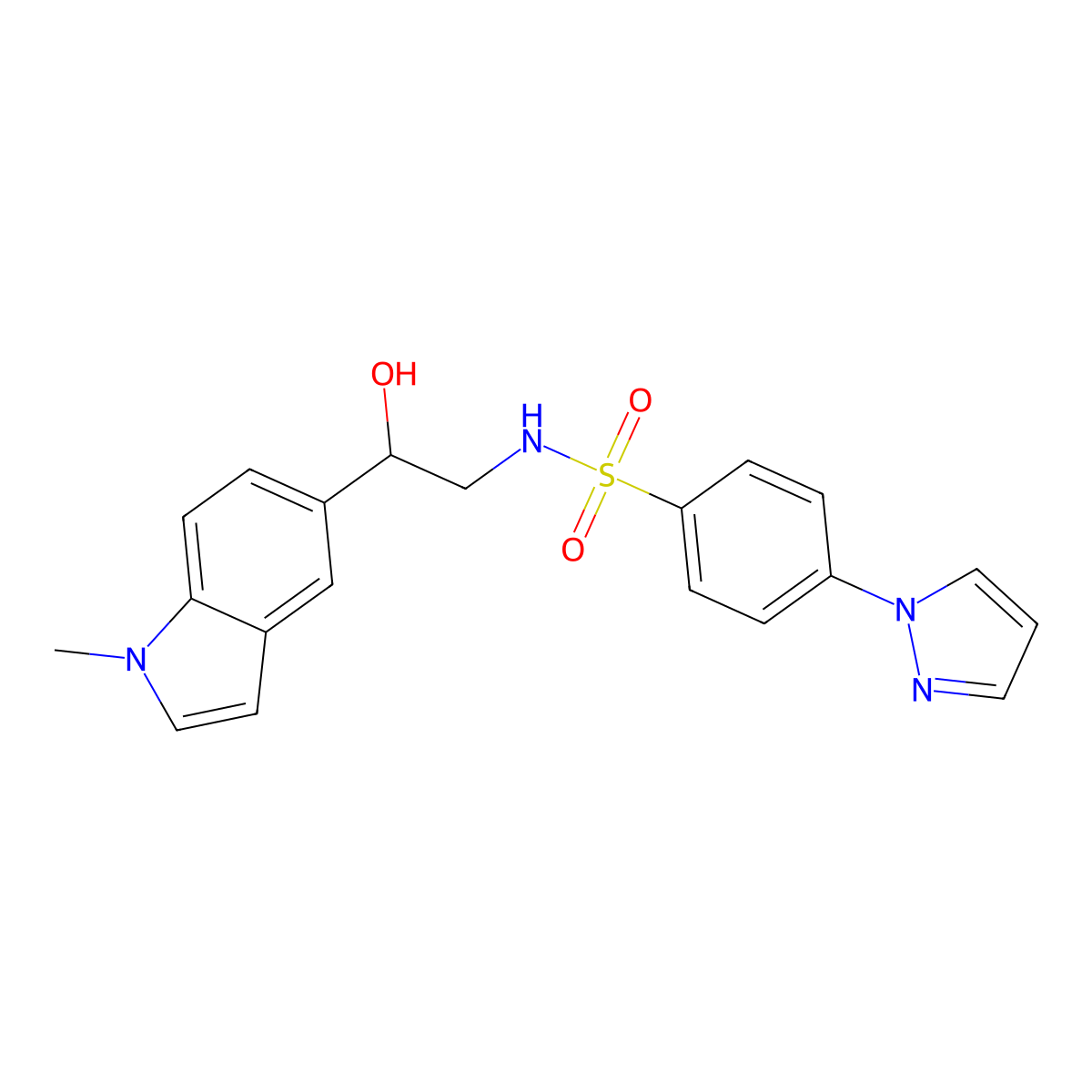 N-(2-hydroxy-2-(1-methyl-1H-indol-5-yl)ethyl)-4-(1H-pyrazol-1-yl)benzenesulfonamide molecular structure, CAS 2034256-30-7