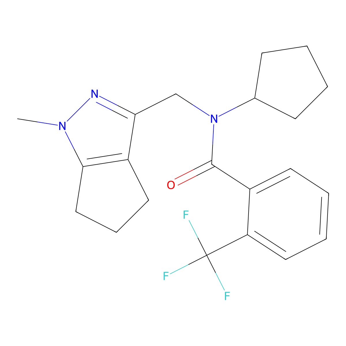 N-cyclopentyl-N-((1-methyl-1,4,5,6-tetrahydrocyclopenta[c]pyrazol-3-yl)methyl)-2-(trifluoromethyl)benzamide molecular structure, CAS 2034256-39-6