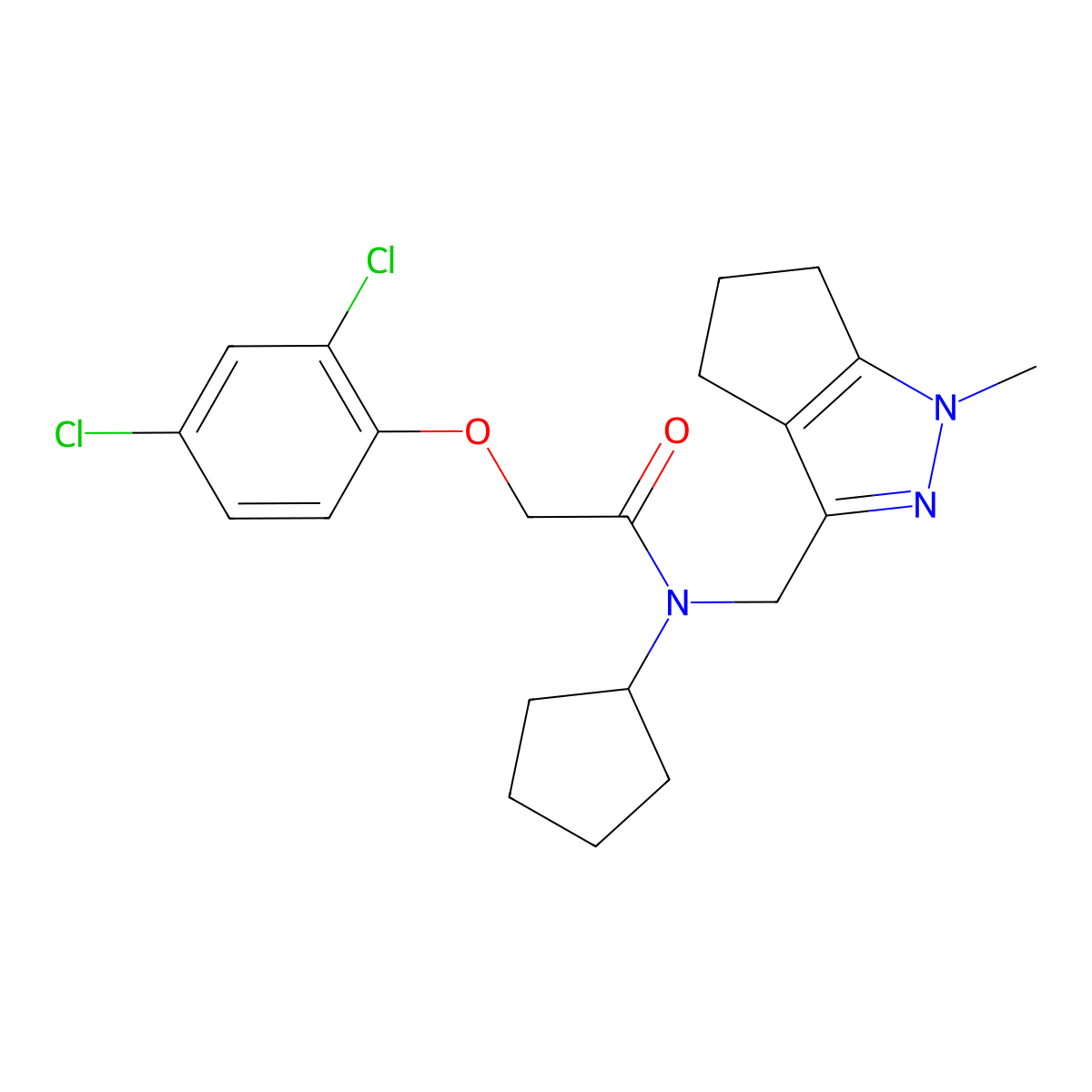 N-cyclopentyl-2-(2,4-dichlorophenoxy)-N-((1-methyl-1,4,5,6-tetrahydrocyclopenta[c]pyrazol-3-yl)methyl)acetamide molecular structure, CAS 2034256-42-1