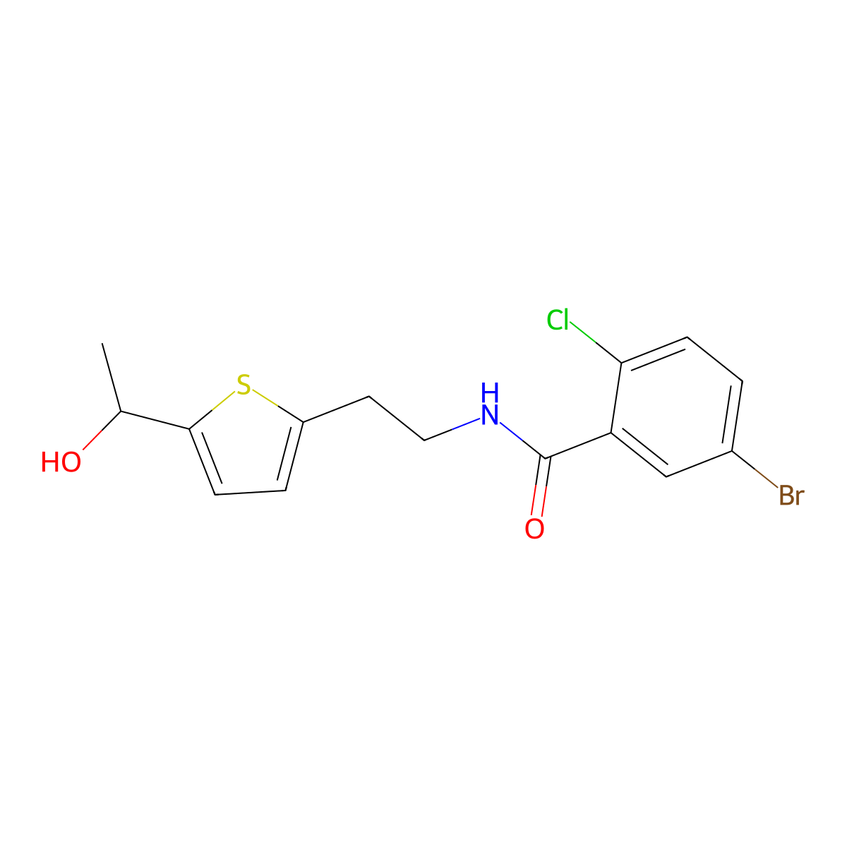 5-bromo-2-chloro-N-(2-(5-(1-hydroxyethyl)thiophen-2-yl)ethyl)benzamide molecular structure, CAS 2034256-43-2